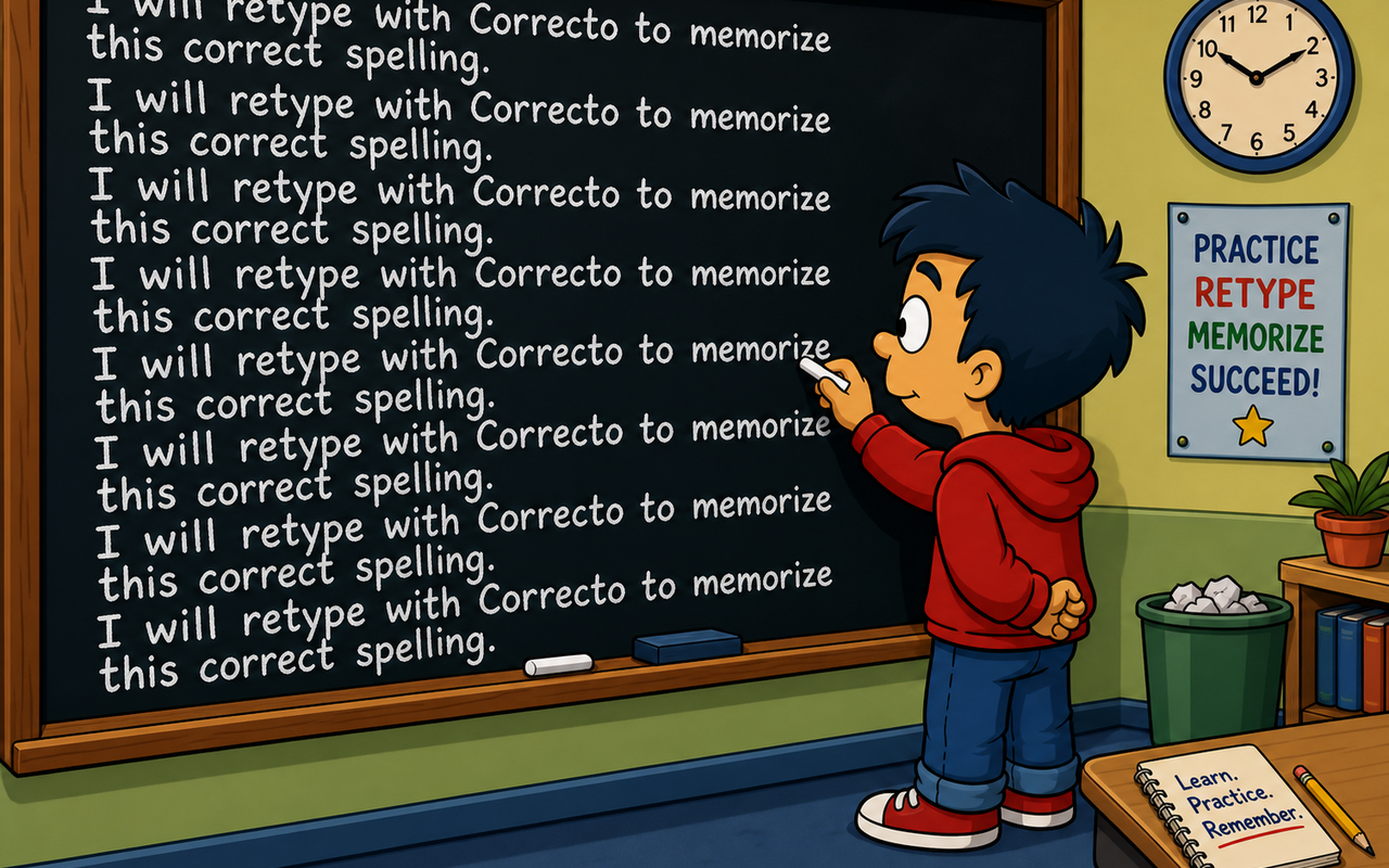 A student practicing spelling with Correcto on a classroom board